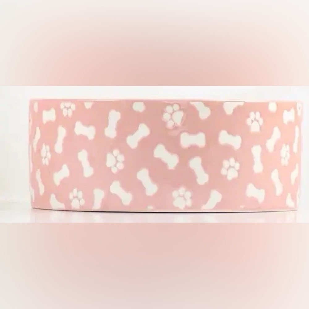 Pink Dog Bowl with Bone and Paw Print Design